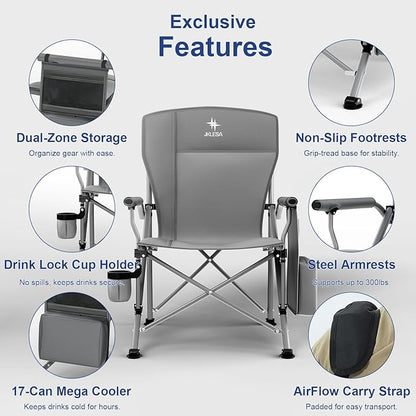 XL Heavy Duty Camping Chair 396lb Capacity (525lb MAX) - Waterproof 1680D Oxford - Oversized 2" Thick Padded Seat with Cup Holder & Cooler - Portable for Camping, Beach, Tailgating Solid Slate