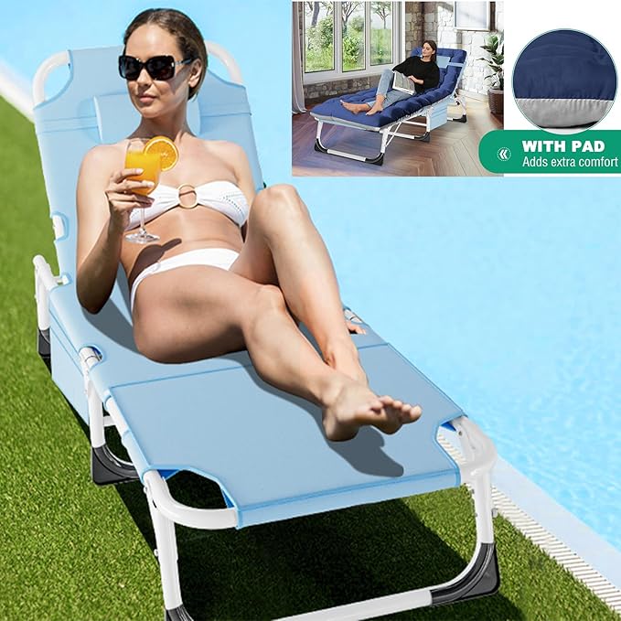 LILYPELLE Folding Chaise Lounge Chair with Mattress, 5 Position Beach Chair with Face Hole, Patio Chaise Lounge Chairs for Outside, Sunbathing, Camping, Pool, Beach, Poolside