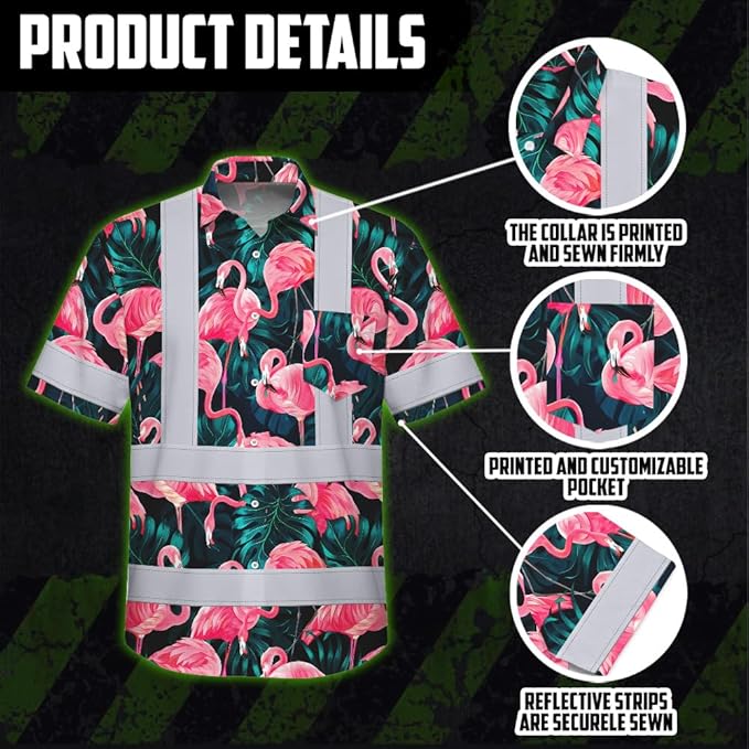 High Visibility Hawaiian Shirt for Men Tropical Shirts Custom Name Floral Outfit Reflective Safety Workwear