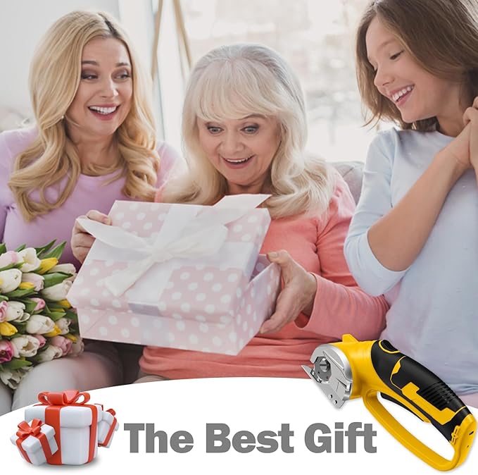 Cordless Electric Scissors, 4V Box Cutter & Cardboard Cutter with 2 Titanium Blades - Rotary Cutter with LED Light for Fabric, Leather, Carpet, Plastic, Crafting + Storage Case (Yellow)