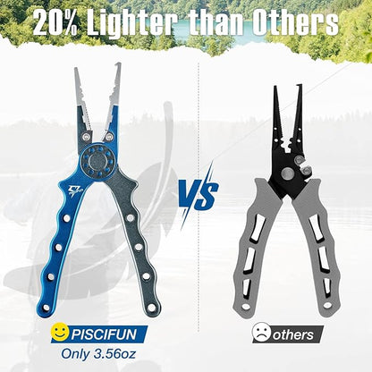 Piscifun Fishing Pliers, Saltwater Fishing Pliers with Split Ring, Fish Hook Remover, Corrosion Resistance Fly Fishing Pliers with Braid Cutters, Sheath and Lanyard, Fishing Gear Gifts for Men