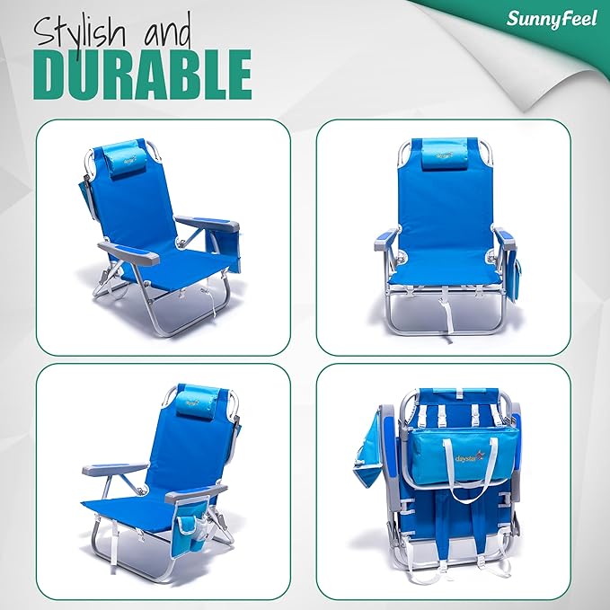 SUNNYFEEL Beach Chairs for Adults 2 Pack 5 Position Lay Flat, Portable Folding Backpack Beach Chair Heavy Duty with Cooler Bag, Cup Holder for Outdoor/Lawn/Picnic, Foldable Camping Chair