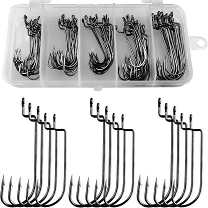 THKFISH 50pcs/100pcs/box Offset Worm Hook Fishing Hook Set Dropshot Hook Set Rubber Fish Jigs Fishing Kit # 2# 1 1/0 2/0 3/0