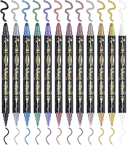 TRANSON 12Colors Metallic Paint Markers Bold and Fine Dual-tip for Rock Wood Ceramic Canvas DIY Painting Drawing