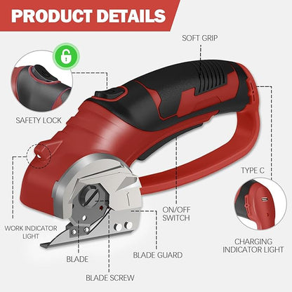 Cordless Electric Scissors, 4V Box Cutter & Cardboard Cutter with 2 Titanium Blades - Rotary Cutter with LED Light for Fabric, Leather, Carpet, Plastic, Crafting + Storage Case (Red)