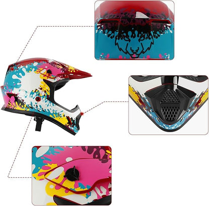 SLMOTO Youth Dirt Bike Helmets DOT Youth Kids Motocross Offroad Street Dirt Bike Helmet Motorcycle ATV Full Face Helmet with Goggles Gloves, Spray Graffiti Medium