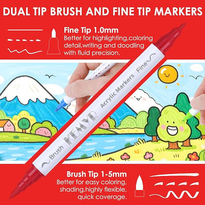 100 Colors Brush & Fine Tip Acrylic Paint Pens, Dual Tip Acrylic Paint Markers for Paper, Wood, Canvas, Stone, Rock, Glass, Fabric, DIY, Ceramic, Art Supplies for Adults Drawing