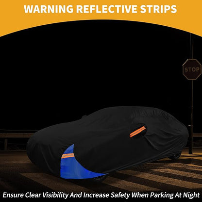 Waterproof All-Weather Universal Car Cover with Right Side Zipper, 210D-PU Black Blue Fits for Sedan 185" to 192" Length