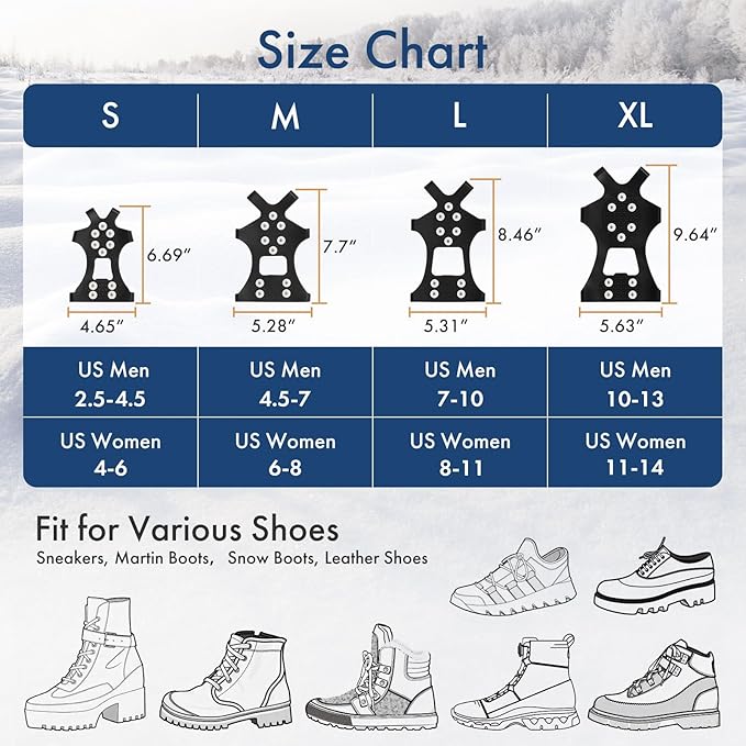 Ice Cleats for Shoes and Boots, Ice Snow Grips for Winter Walking Traction, Anti-Slip Ice Traction Cleats with 10 Steel Studs Crampons Gripper Spikes for Shoes Men Women