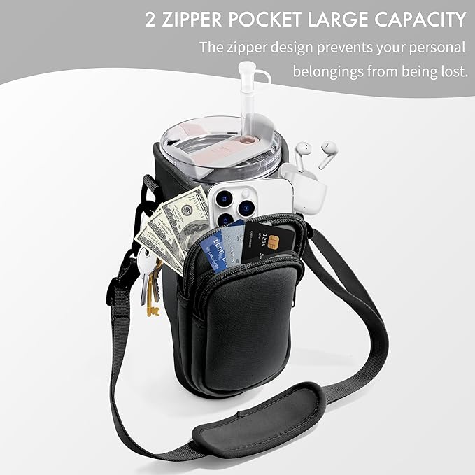 Water Bottle Carrier Bag with Phone Pocket for Stanley Cup 40/30 oz, Water Bottle Holder with Adjustable Strap& Straw Cover, Stanley Cup Accessories