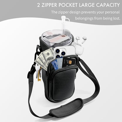 Water Bottle Carrier Bag with Phone Pocket for Stanley Cup 40/30 oz, Water Bottle Holder with Adjustable Strap& Straw Cover, Stanley Cup Accessories