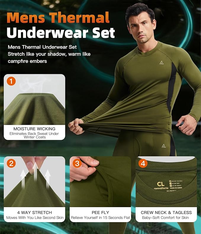 CL convallaria Mens Thermal Underwear Set with Fly Long Johns Base Layer Winter Hunting Gear Sport Top and Bottom