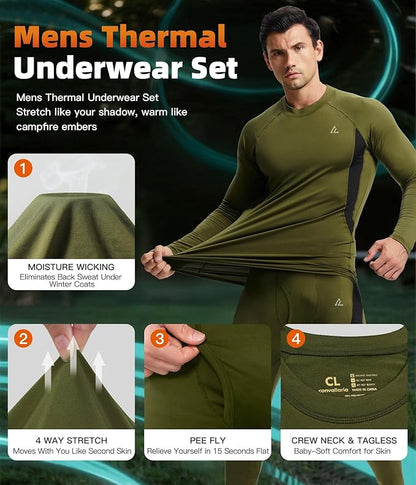 CL convallaria Mens Thermal Underwear Set with Fly Long Johns Base Layer Winter Hunting Gear Sport Top and Bottom