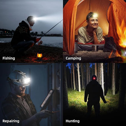 Headlamp Rechargeable, 8 LED Head Lamp, 360° Double Sided Rotating Head Flashlight, Super Bright Waterproof Head Light for Camping, Running, Hiking, Hunting, Fishing, Reading, Working