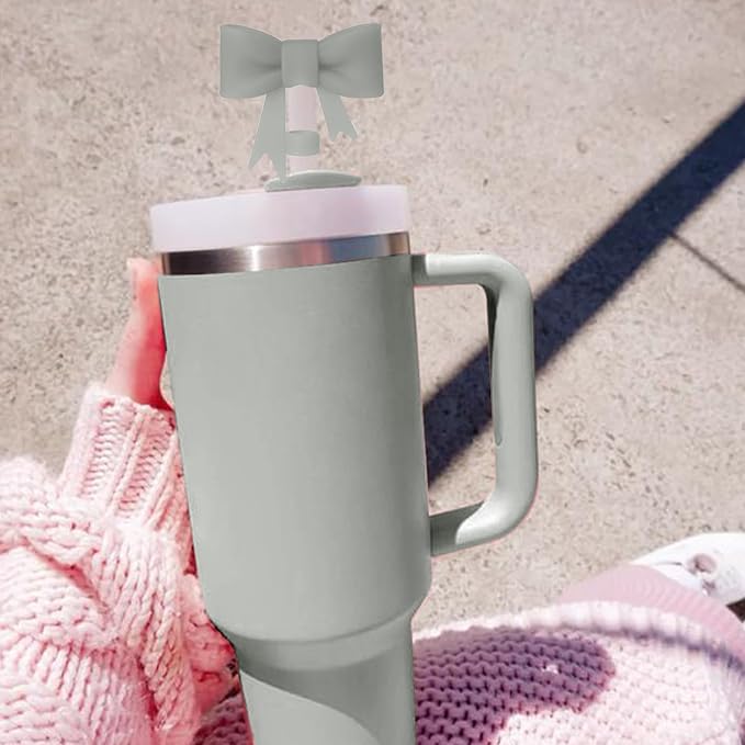 4Pcs Silicone Straw Toppers Covers for Stanley Cups 40/30oz 10mm(0.4in) Gray Dust-Proof Bow Straw Covers Toppers Suitbale for Stanley Cup Accessories Reusable Straws Caps