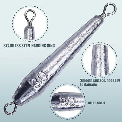 Through Wire Inline Torpedo Sinkers, Lead Double Ringed One Piece Wire Saltwater Fishing Torpedo Weights for Bottom Surf Fishing 1oz, 2oz, 3oz, 4oz, 5oz