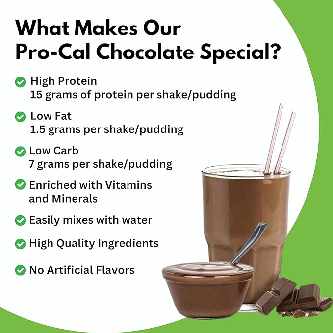 Pro-Cal Chocolate Meal Replacement Powder - High Protein, Low Calorie Shake & Pudding Mix - Low-Carb, Gluten Free - Breakfast Boost - Delicious & Easy to Prepare - 16 Servings, 16.4oz
