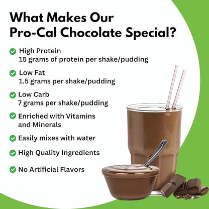 Pro-Cal Chocolate Meal Replacement Powder - High Protein, Low Calorie Shake & Pudding Mix - Low-Carb, Gluten Free - Breakfast Boost - Delicious & Easy to Prepare - 16 Servings, 16.4oz