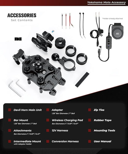 Kaedear Motorcycle Smartphone Holder, Charging, Vibration Absorption, Air Mount, Integrated QI, Wireless Charging, USB Power Supply, Devil Horn QI USB/Air Mount KDR-M26A (Qi Charging / 1" Ball)