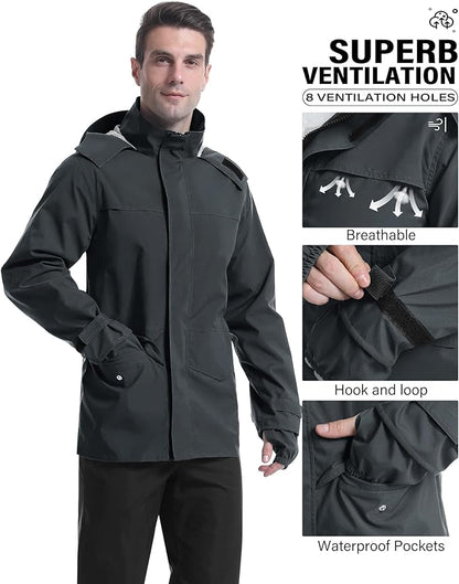 iCreek Rain Suit Waterproof Jacket with Pants 2 Pieces Breathable Lightweight Packable Raincoat with Hooded Rain Gear Unisex
