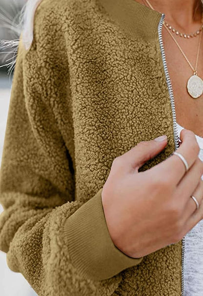 MIROL Women's Fall Trendy Fleece Jacket Faux Sherpa Fuzzy Casual Long Sleeve Zip Up Loose Fit Bomber Winter Coat