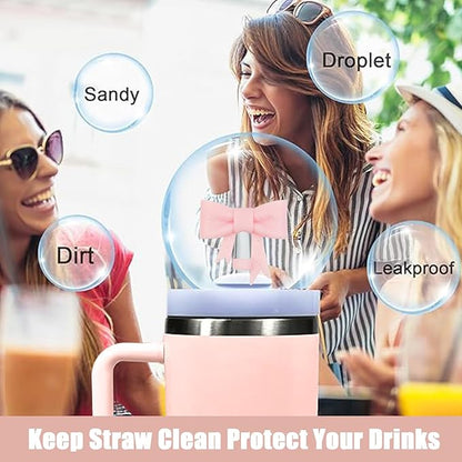 4Pcs Silicone Straw Toppers Covers for Stanley Cups 40/30oz 10mm(0.4in) Flash Black Dust-Proof Bow Straw Covers Toppers Rose Red Suitbale for Stanley Cup Accessories Reusable Straws Caps