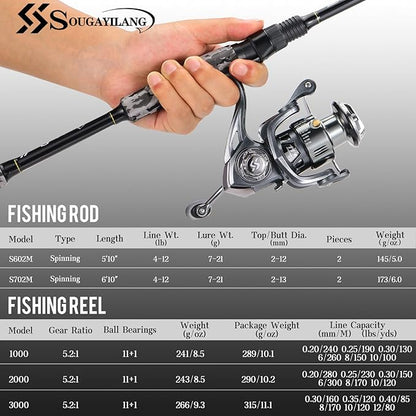 Sougayilang Fishing Rod and Reel Combo, Stainless Steel Guides Fishing Pole with Spinning Reel Combo for Bass Fishing