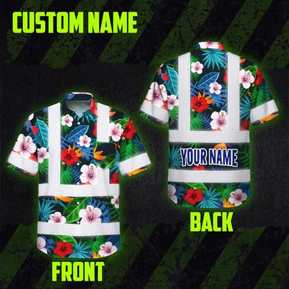 High Visibility Hawaiian Shirt for Men Tropical Shirts Custom Name Floral Outfit Reflective Safety Workwear