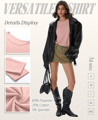 Huukeay 5 Pack Women's Crew Neck Long Sleeve Shirts, Cotton Blend Casual Clothes Workout Basic Layering Tee Tops Multipack