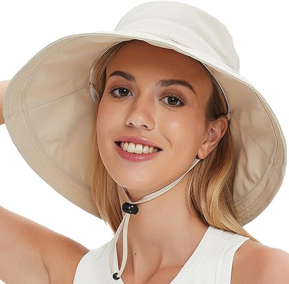Sun Hats for Women Men UV Protection Wide Brim Bucket Hat with Ponytail Hole Waterproof Gardening Fold-Up Summer Cap