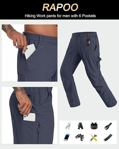 Rapoo Mens Hiking Pants Lightweight Water Resistant Breathable Nylon Cargo Pants with 6 Pockets