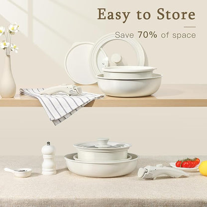 GiPP Ceramic Pots and Pans Set Non Stick, Nonstick Detachable Handle Cookware Sets, Healthy Non Toxic PFAS PFOA & PTFE Free, Dishwasher ＆Oven Safe, Induction Kitchen Pot and Pan, 15 Piece Cream