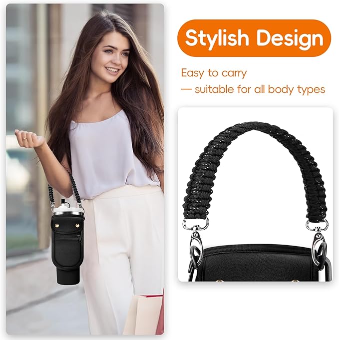 Water Bottle Carrier Bag with Phone Pocket for Stanley 40/30 oz Tumbler Neoprene Insulated Mug Sleeve Pouch with 2 Pockets & Adjustable Strap & Straw Cover for Stanley Cup Accessories