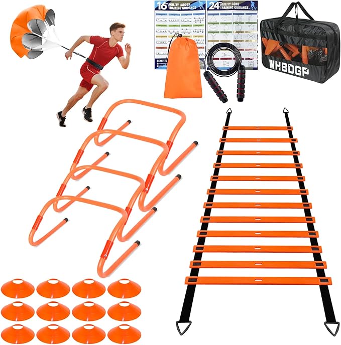 Agility Ladder Speed Training Equipment Set-20ft Agility Ladder,12 Soccer Cones,4 Hurdles,Jump Rope,Running Resistance,Soccer Football Training Equipment with Carrying Bag for Kids Adults