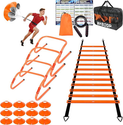 Agility Ladder Speed Training Equipment Set-20ft Agility Ladder,12 Soccer Cones,4 Hurdles,Jump Rope,Running Resistance,Soccer Football Training Equipment with Carrying Bag for Kids Adults