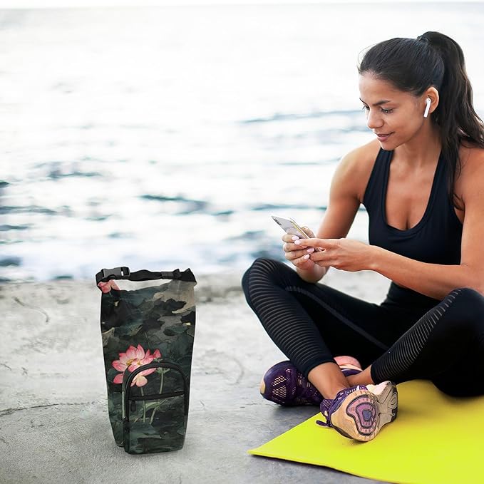 Chinese Style Lotus Flower Water Bottle Holder with Strap Insulated Water Bottle Carrier Crossbody Bags Pouch with Phone Pocket for Travel Gym Hiking Walking Running