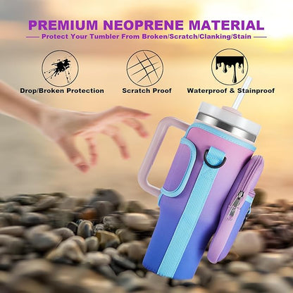 Water Bottle Carrier Bag with Phone Pocket for Stanley 40 & 30 oz Tumbler with Handle,Pink Insulated Neoprene Cup Holder Pouch w/Adjustable Strap for Quencher H2.0 Stanley Cup Accessories