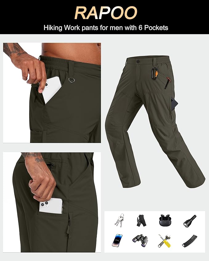 Rapoo Mens Hiking Pants Lightweight Water Resistant Breathable Nylon Cargo Pants with 6 Pockets