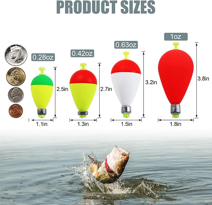 Weighted Fishing Bobbers 10-Pack - Slip Bobbers for Catfish with Spring Clip | 5 Sizes & Styles | High-Visibility EVA Floats with Bottom Weight for Stability