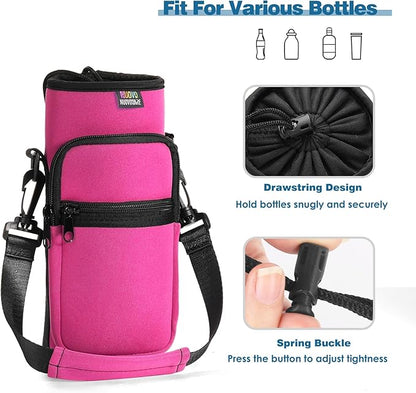 Nuovoware Water Bottle Carrier Bag,25oz/40oz/64oz Bottle Pouch Holder,Adjustable Shoulder Hand Strap 2 Pocket Sling Neoprene Sleeve Sports Accessories for Hiking Travelling Camping