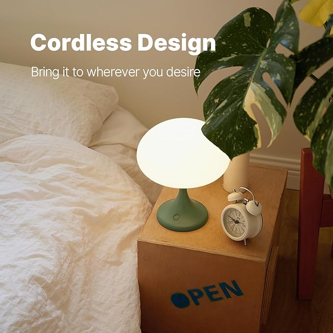 Mushroom Lamp, 5W LED Cordless Rechargeable Table Lamp with Glass Shade, Small Retro Dimmable Touch Light with 3 Color Temps, Aesthetic Mid Century Bedside Light for Bedroom Ambient, Green