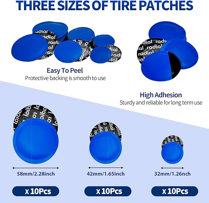 33PCS Tire Repair Patch Tools Tire Patch Kit, 30PCS Tire Patches(32mm/ 42mm/ 58mm with Tire Patch Roller, Tire Repair Buffing Wheel, Tire Inner Liner Scraper for Car Motorcycle Bike