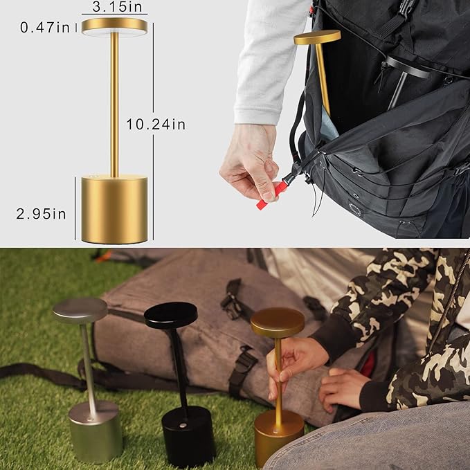 2Pack Cordless Table Lamp, Rechargeable LED Battery 5000mAh Metal USB Portable Powered Desk Lamp, 3 Levels Brightness Light for Restaurants Outdoor (2pack 10.25in Gold)