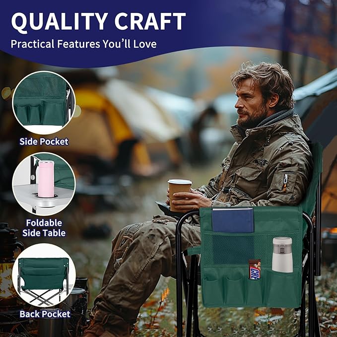 Slsy Oversized Heated Camping Chair, Portable Directors Chair with 3 Heat Levels, Heavy Duty Outdoor Heating Folding Chair Camp Chairs with Side Table, Pocket for Camping, Fishing, Picnic, Lawn