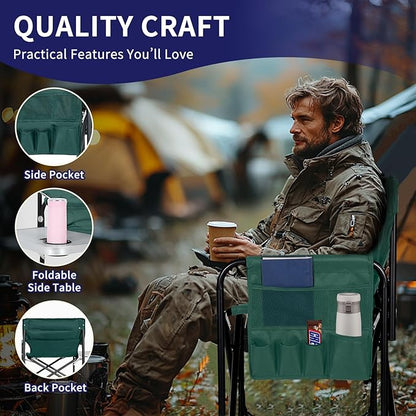 Slsy Oversized Heated Camping Chair, Portable Directors Chair with 3 Heat Levels, Heavy Duty Outdoor Heating Folding Chair Camp Chairs with Side Table, Pocket for Camping, Fishing, Picnic, Lawn