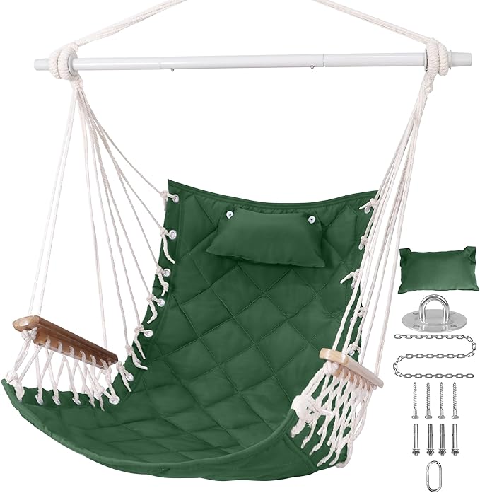Hammock Chair Hanging Swing with Wooden Armrests;Steel Spreader Bar,Pillows,Hardware kit Included;Cotton Woven ;Up to 350 Lbs,for Indoor Outdoor Green
