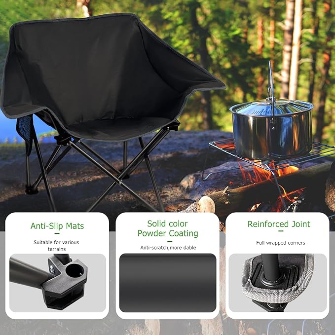 2 Pack Portable Camping Chair Compact Collapsible Outdoor Folding Sports Chairs for Adults Heavy Duty Camp Sporting Events Park Lawn 400 Lbs Black