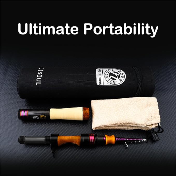 PURELURE Telescopic Fishing Rod Spinning & Casting, Fuji Alconite Ring, Detachable Handle Closed Length 9.8in, Spare Carbon Solid Tip, Solid Wood Reel Seat Lightweight 3A-Grade Cork Handle Travel Rod