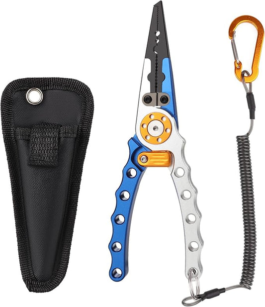 Booms Fishing X1 Aluminum Fishing Pliers Saltwater, Surf Fishing Tackle Kit, Fishing Multitool Hook Remover Braided Fishing Line Cutting and Split Ring with Coiled Lanyard and Sheath