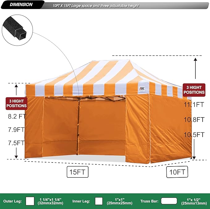 ABCCANOPY Heavy Duty Easy Pop up Canopy Tent with Sidewalls 10x15,Strip Orange